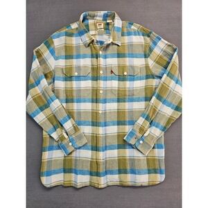 Levis Mens Large Relaxed Fit Plaid Herringbone Cotton Hemp Button Up Shirt Blue